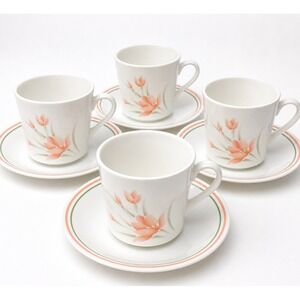 Vintage Corelle Peach Floral Cup Saucer Set 4 Pink Green Stripe USA